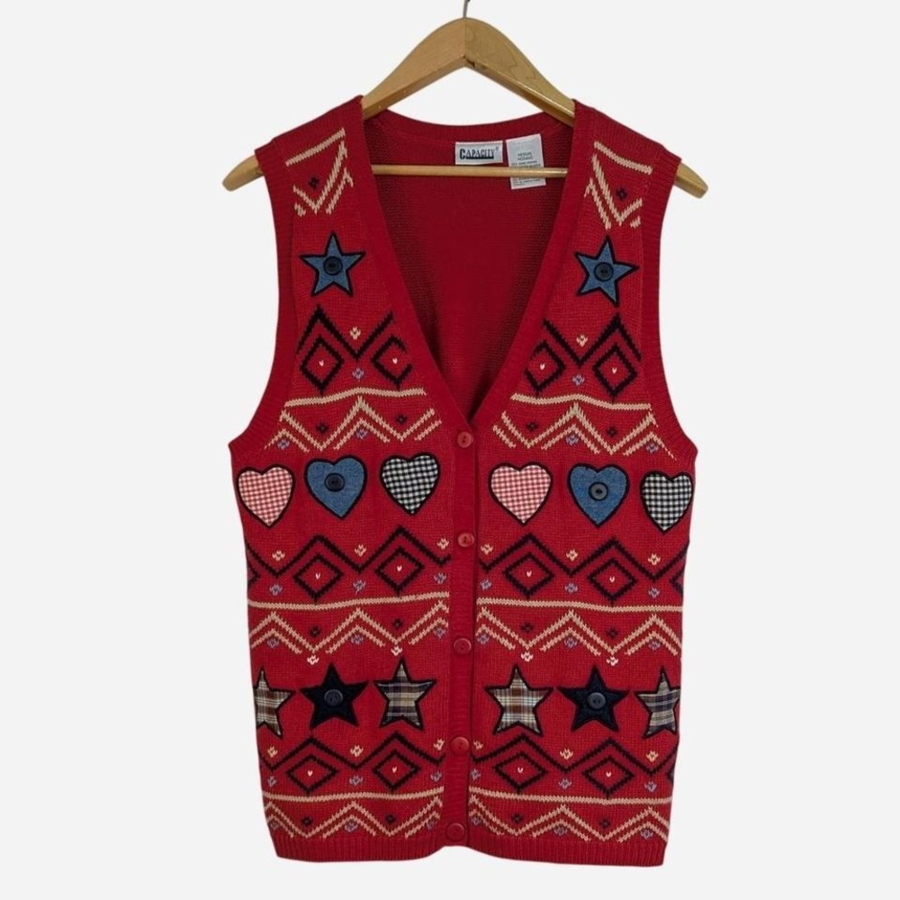 Vintage Capacity Star Heart Applique Patriotic Knit Sweater Vest Medium